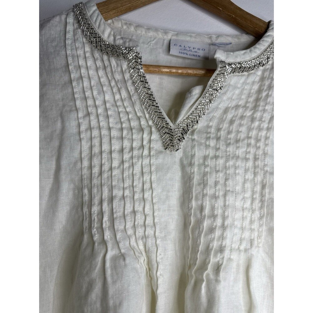 Calypso St Barth 100% Linen Blouse White Beaded Neck Peasant Top XL